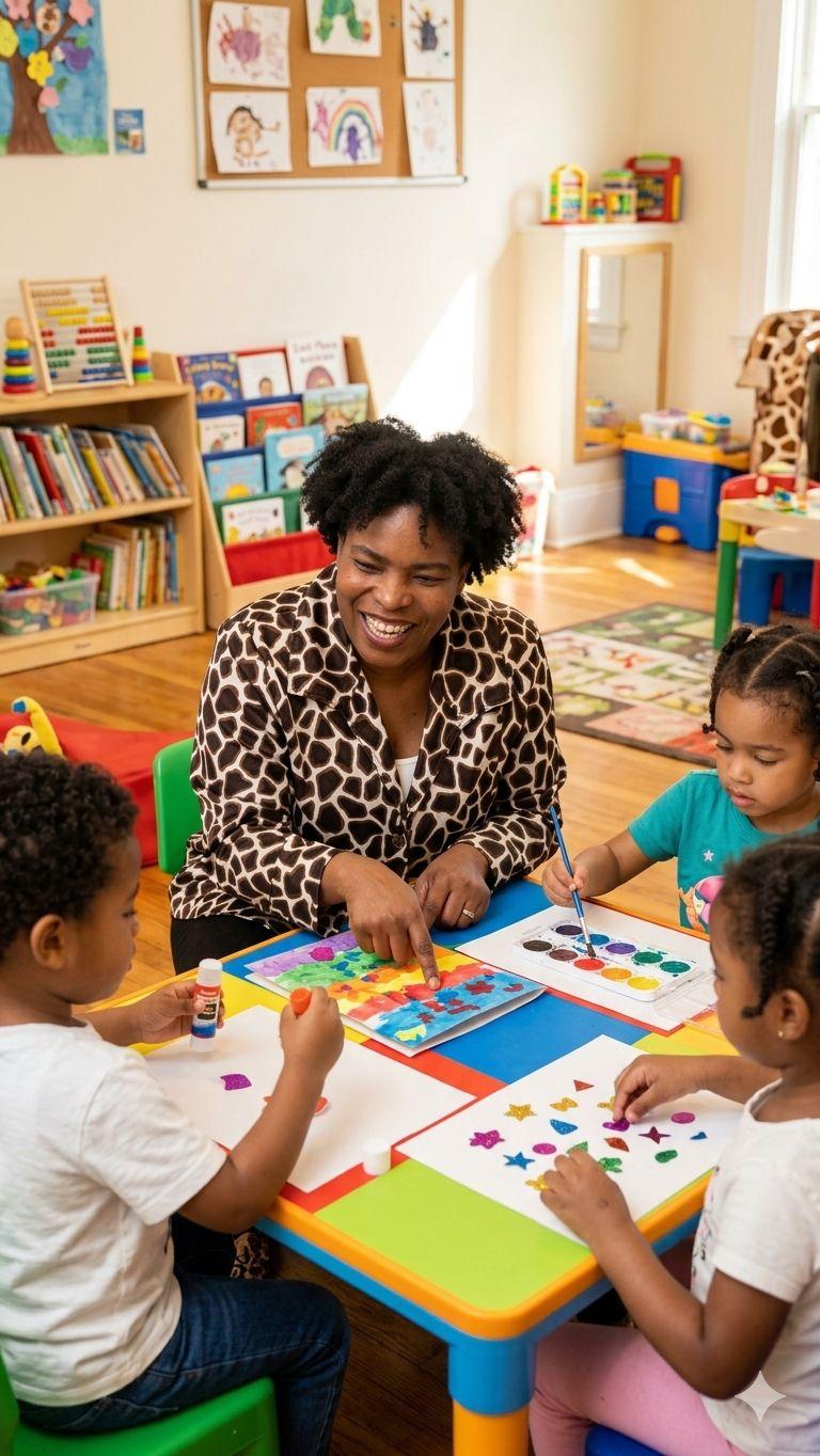 A caregiver and children making arts and crafts together at El Elyon Bee's Daycare