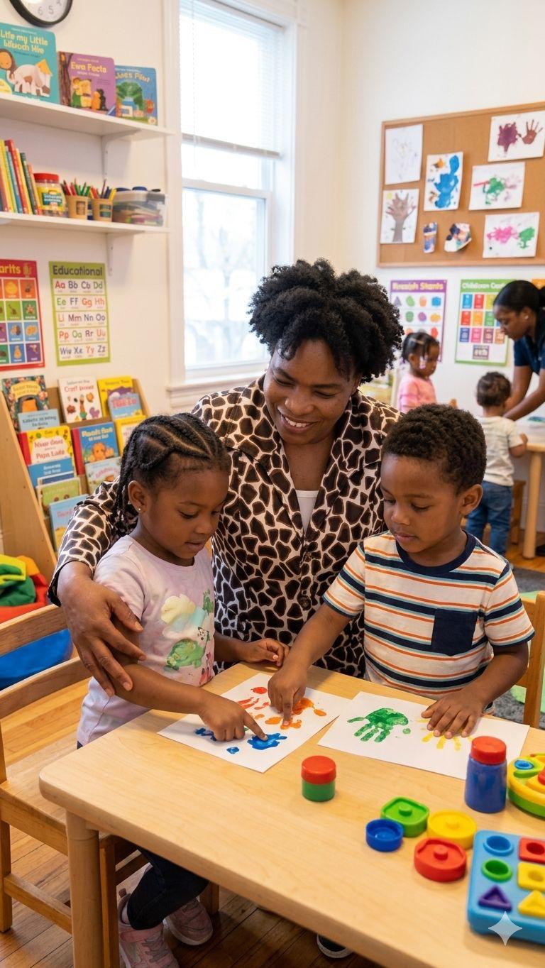 A caregiver helping two children with hand-painting in a bright classroom